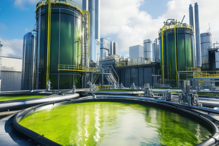 Algae cultivation is in full swing at a modern facility under clear blue skies and sunlight.の写真素材