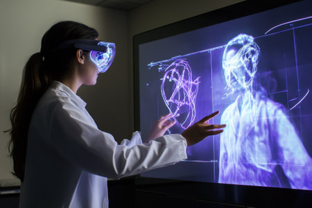 A scientist in a lab coat uses advanced VR to interact with a hologram in a high-tech research lab.の写真素材