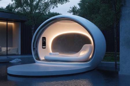 Unique lounge pod designed for relaxation, softly illuminated in a tranquil garden at twilight.の写真素材