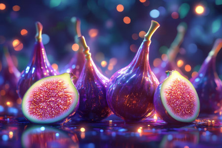 Bright figs are displayed with a soft, shimmering backdrop that enhances their vibrant colors and textures.の写真素材