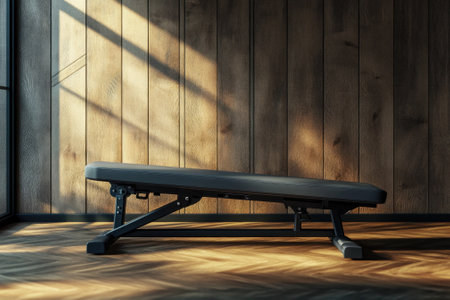 A workout bench sits in a bright room with wooden walls and floors, illuminated by morning sunlight.の写真素材