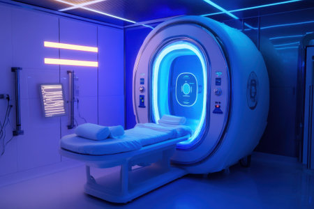 Sleek wellness pod designed for relaxation and recovery in a modern therapy space with blue illumination.の写真素材