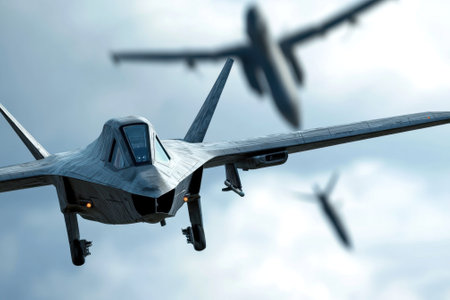 Fighter jets are performing complex aerial maneuvers during a military training exercise under a cloudy sky.の写真素材