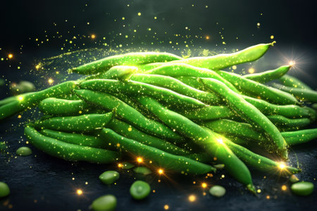 Vibrant green beans arranged closely, illuminated by a magical sparkle against a dark backdrop.の写真素材