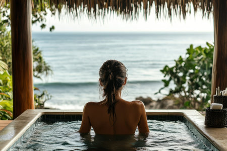 A person enjoys a peaceful soak in a spa while admiring the ocean view at sunset with lush greenery surrounding.の写真素材