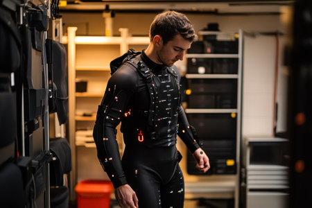 An actor is outfitted in a black motion capture suit, adjusting sensors in a studio filled with gear.の写真素材