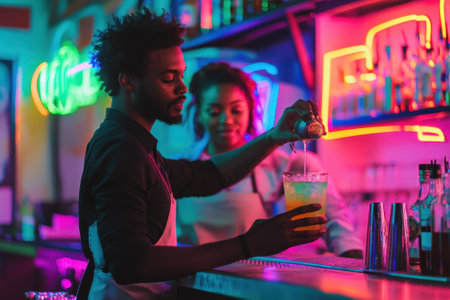 A bartender expertly mixes a refreshing cocktail while a colleague observes at a lively bar filled with neon colors.の写真素材