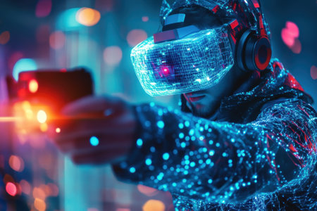 User immersed in virtual reality with a headset and controller, surrounded by colorful lights at night.の写真素材
