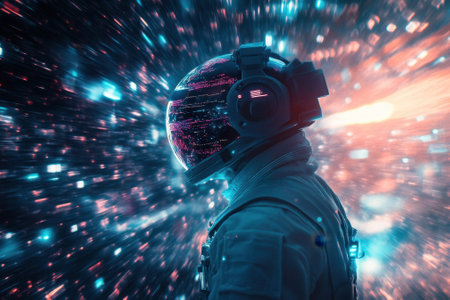 An astronaut navigates a dynamic and colorful cosmic space, immersed in vibrant light effects.の写真素材