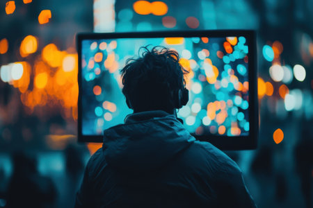 A person wearing headphones stands in front of a large screen displaying colorful patterns in a bustling city.の写真素材