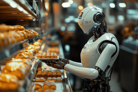 A robot carefully arranges assorted pastries in a vibrant bakery filled with warm lighting.の写真素材