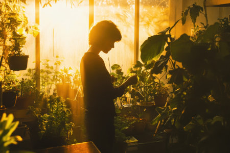 A person tends to indoor plants as sunlight filters through windows, creating a warm glow in the room.の写真素材