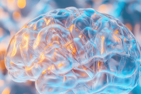 Clear brain sculpture illuminated by colorful lights, highlighting fine details and unique texture.の写真素材