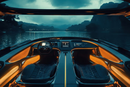 Luxurious boat interior showcases innovative design and glowing accents on tranquil water under a moody sky.の写真素材