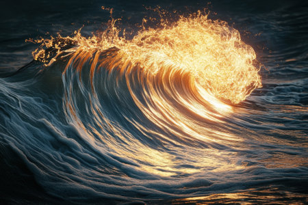 A mesmerizing wave rises dramatically, reflecting golden sunlight against the dark sea during sunset.の写真素材