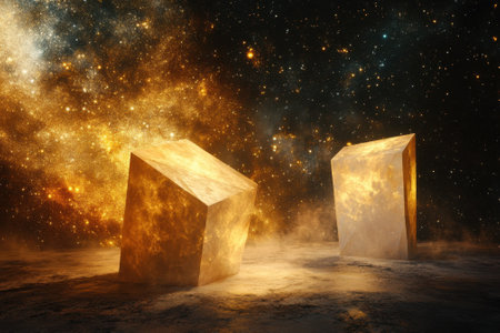 Two glowing shapes stand against vibrant galaxies and cosmic dust, crafting a surreal atmosphere.の写真素材