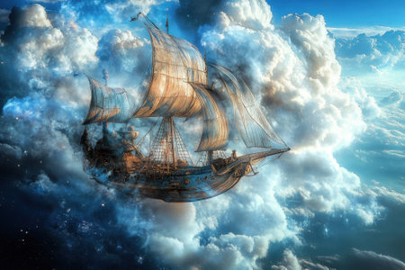 A beautiful sailing ship drifts among billowing clouds, illuminated by soft, warm light against a blue sky.の写真素材