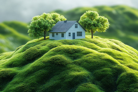 A charming house rests on rolling green hills, flanked by leafy trees under soft, natural light.の写真素材