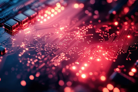 A close-up view of a circuit board illuminated by vibrant red lights displays intricate technology.の写真素材