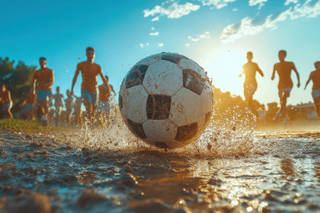 Players run energetically behind a splashing soccer ball during a vibrant sunset practice session.の写真素材