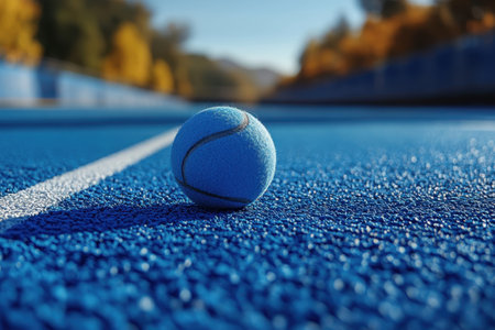 A tennis ball is positioned on a vibrant blue court surface under clear skies, ready for play.の写真素材