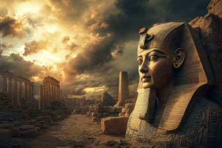 A large statue of an ancient ruler overlooks ruins at sunset, highlighting the beauty of Egypt's history.の写真素材