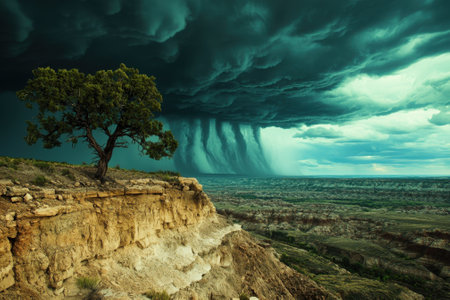 Dark storm clouds gather over a rugged canyon, with rain cascading in the distance, creating an intense atmosphere.の写真素材