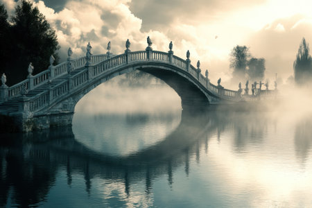 An elegant bridge adorned with sculptures spans a still river shrouded in mist under a cloudy sky.の写真素材