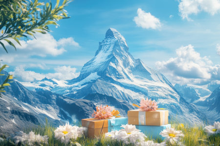 A serene setting features snow-capped mountains, colorful gifts, and blooming flowers under a clear sky.の写真素材