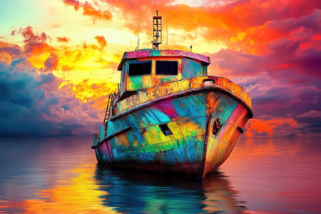 A weathered boat displays vivid colors while floating in calm water beneath a stunning sunset.の写真素材