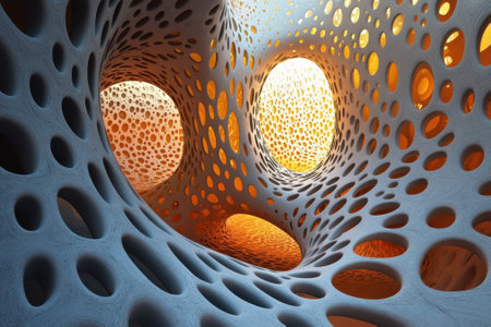 Unique architectural interior featuring large illuminated voids creating a mesmerizing atmosphere.の写真素材