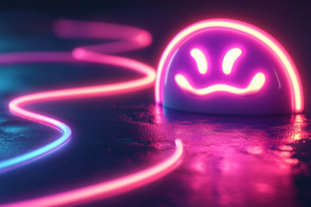 Colorful glowing smiley faces create a playful atmosphere with neon lights on a dark surface.の写真素材