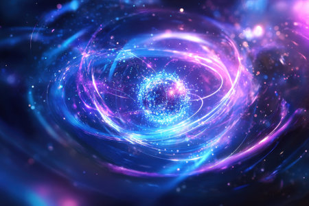 Vivid swirling colors represent the dynamic movement of energy particles in the cosmos at night.の写真素材