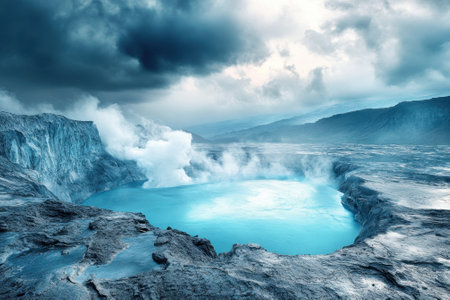 A stunning turquoise lake sits in a volcanic crater surrounded by steam and dramatic clouds, showcasing nature's power.の写真素材