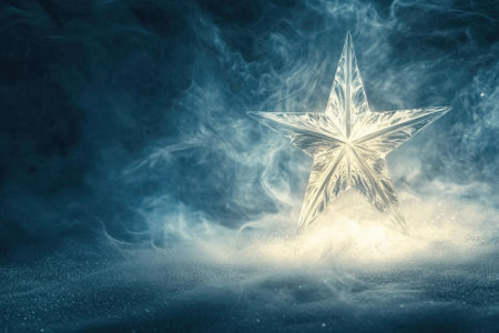 A crystal star glows amid swirling mist, radiating a mystical blue light in an enchanting atmosphere.の写真素材
