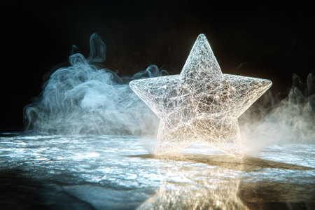 A glowing star figure stands on a textured surface with wisps of mist swirling around in low light.の写真素材