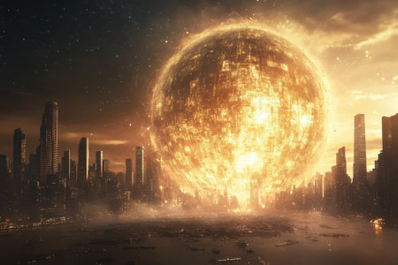 A vibrant city is illuminated by a colossal glowing sphere during sunset, casting warm light over buildings.の写真素材