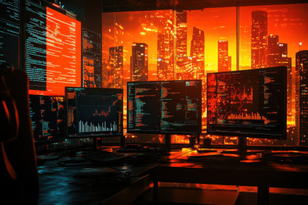 Multiple computer screens show vibrant code and data analysis against a glowing city skyline at night.の写真素材