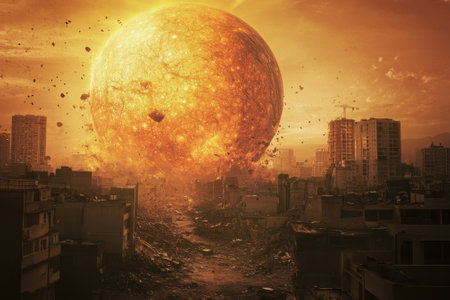 A massive glowing sphere looms over a devastated urban area, casting an orange hue as buildings crumble.の写真素材