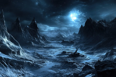 A stark, rugged terrain features dark mountains illuminated by a bright moon overhead, creating a mystical atmosphere.の写真素材