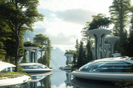 A tranquil waterway reflects futuristic architecture nestled among lush trees and mountains in the background.の写真素材