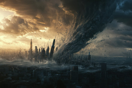 A violent storm ravages a city, combining swirling clouds and crashing waves against towering buildings.の写真素材