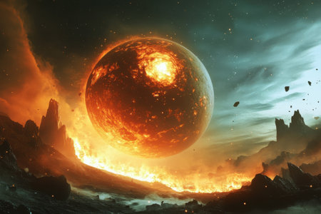 A vibrant, flaming planet glows in a dramatic landscape filled with lava and rocky formations.の写真素材