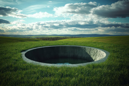 A circular well sits quietly in a verdant landscape under a dramatic sky filled with clouds.の写真素材
