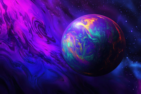 A colorful planet floats amidst a swirling cosmic background filled with vibrant hues of purple and blue.の写真素材