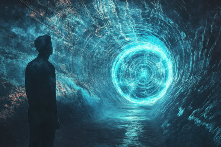 A person stands in a dark tunnel, gazing at a glowing portal that radiates blue light.の写真素材