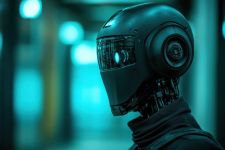 A detailed robotic head is depicted in a dimly lit, modern setting, showing advanced technology and design.の写真素材