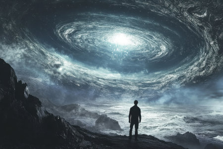 A person stands on rocky terrain, captivated by a massive swirling galaxy illuminated above a stormy ocean.の写真素材