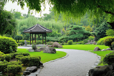 A pathway winds through a tranquil garden, leading to a wooden pavilion amid verdant trees and rocks.の写真素材