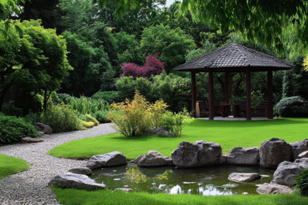 A peaceful garden features a gazebo, vibrant plants, and a calm pond nestled in lush greenery.の写真素材